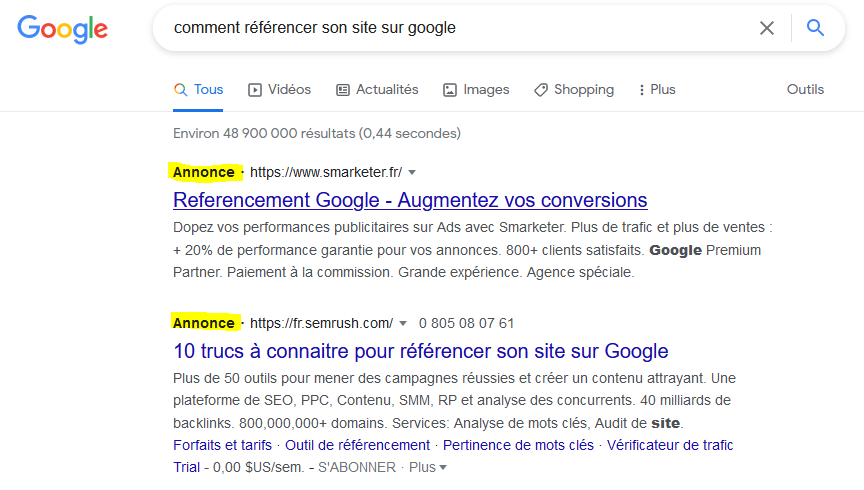 Résultats Annonce dans les SERP de Google