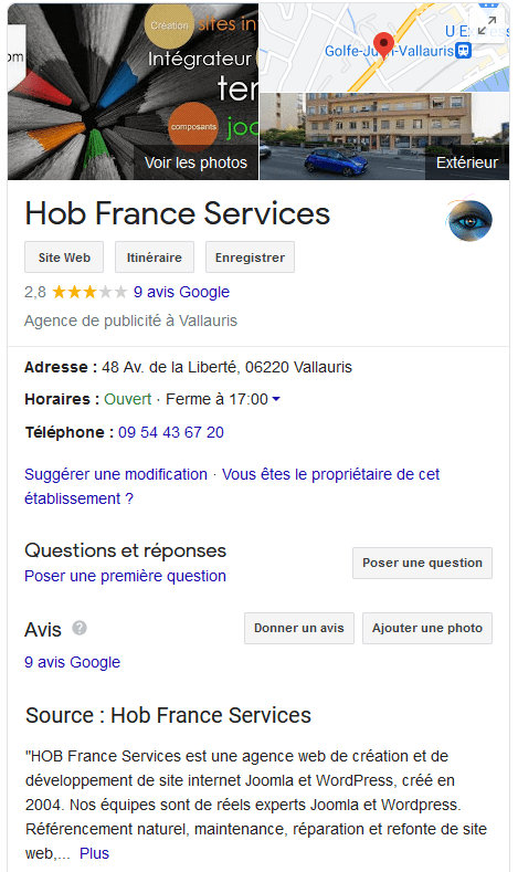 Carte Google My Business HOB France Services, agence expert en référencement naturel